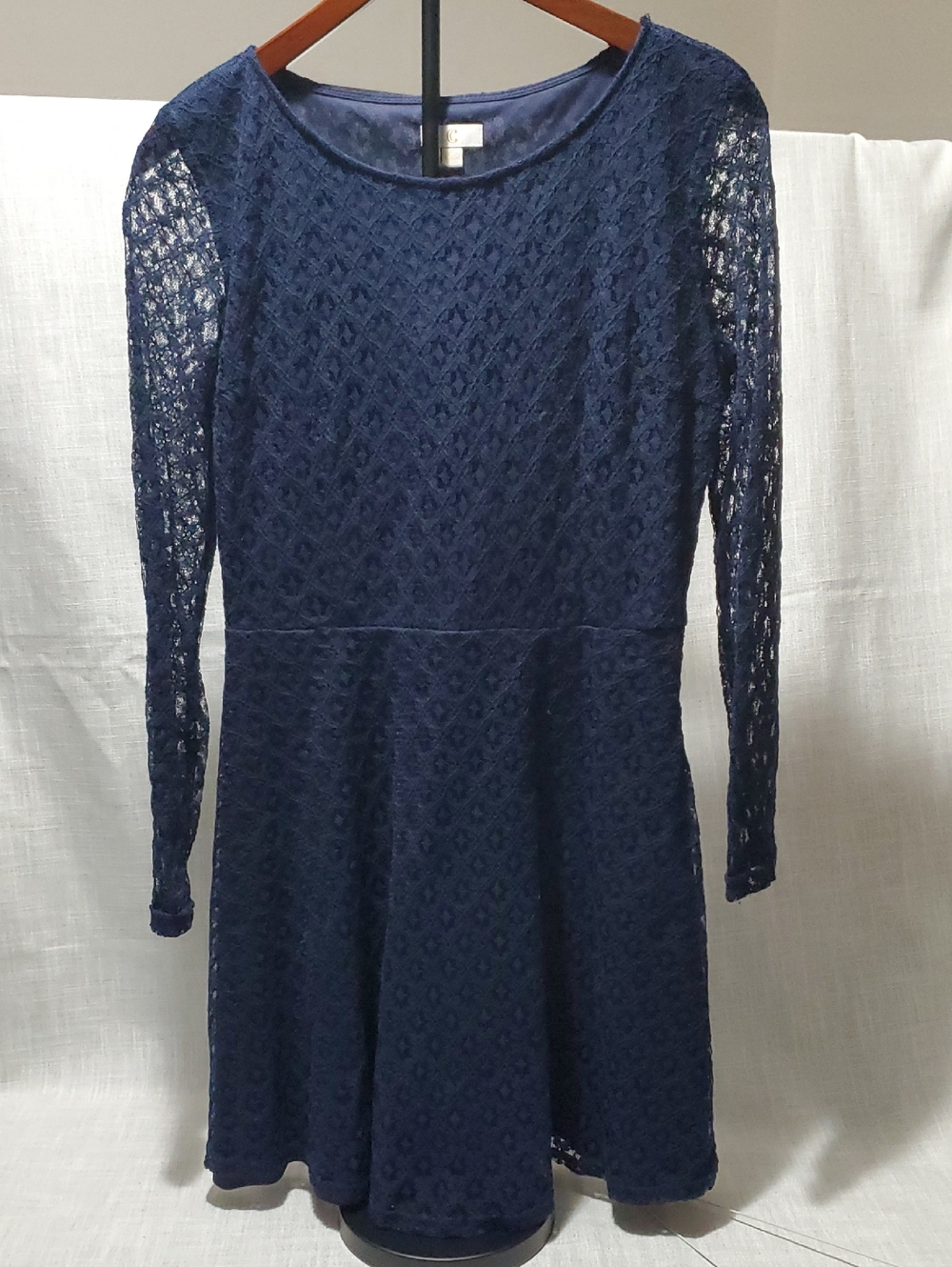 Navy Long-Sleeve Lace Fit & Flare Dress